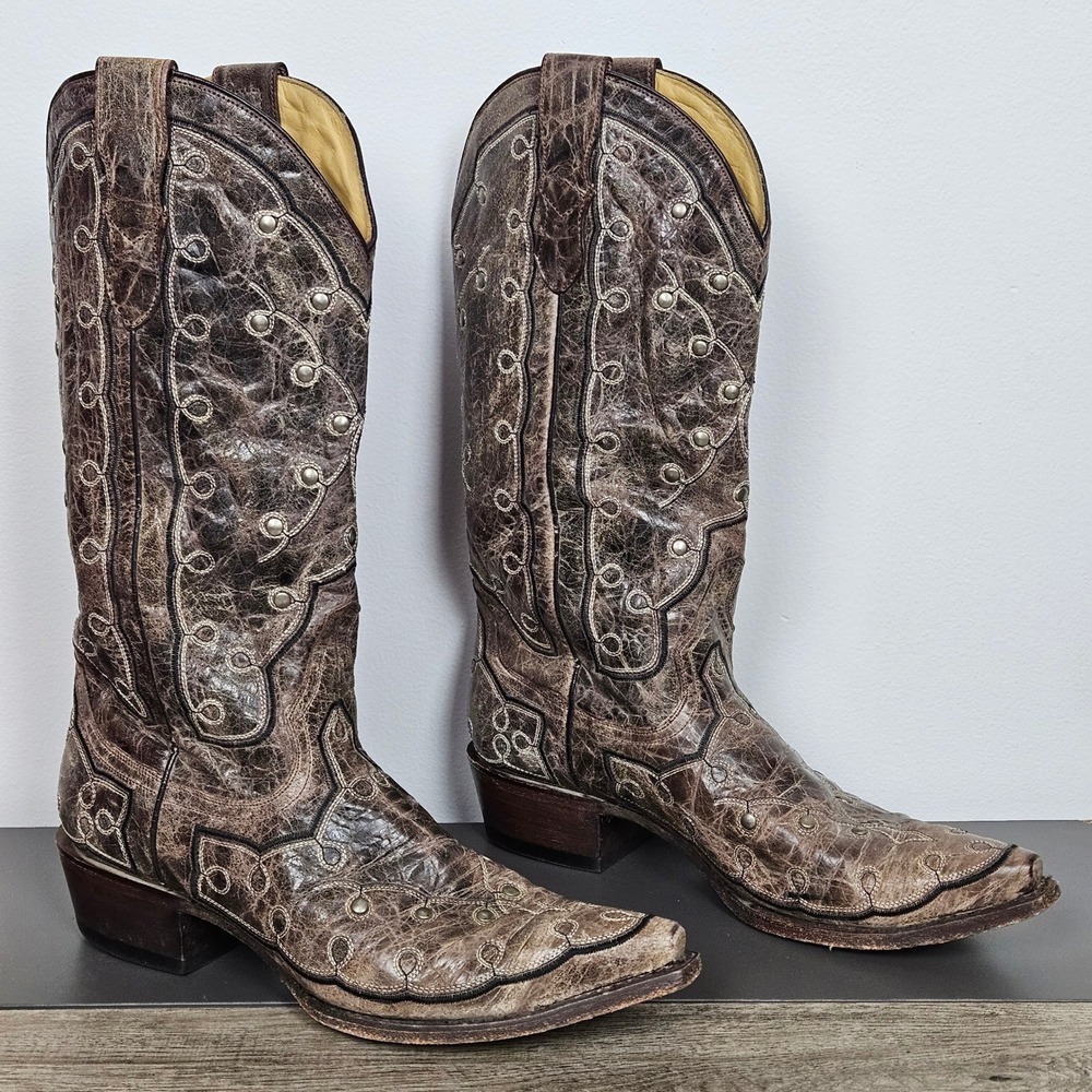 Stetson Cowboy Boots Womens Sz 10.5 Brown Distressed Leather Studded Snip Toe